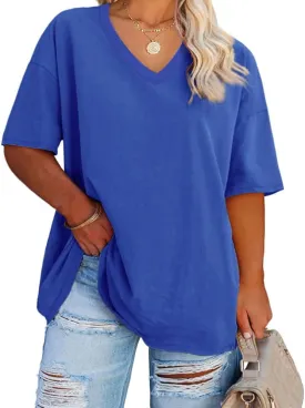 Women's Plus Size V Neck T Shirts Summer Half Sleeve Tees Casual Loose Fit Cotton Tunic Tops
