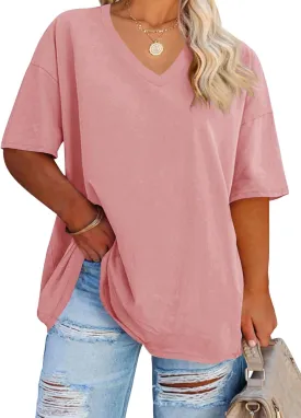 Women's Plus Size V Neck T Shirts Summer Half Sleeve Tees Casual Loose Fit Cotton Tunic Tops