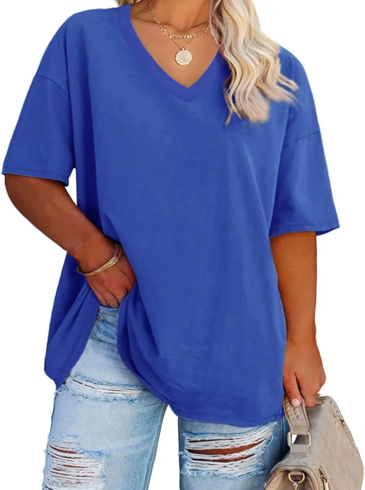 Women's Plus Size V Neck T Shirts Summer Half Sleeve Tees Casual Loose Fit Cotton Tunic Tops