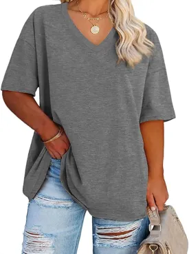Women's Plus Size V Neck T Shirts Summer Half Sleeve Tees Casual Loose Fit Cotton Tunic Tops