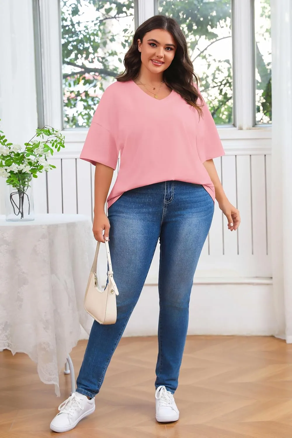 Women's Plus Size V Neck T Shirts Summer Half Sleeve Tees Casual Loose Fit Cotton Tunic Tops