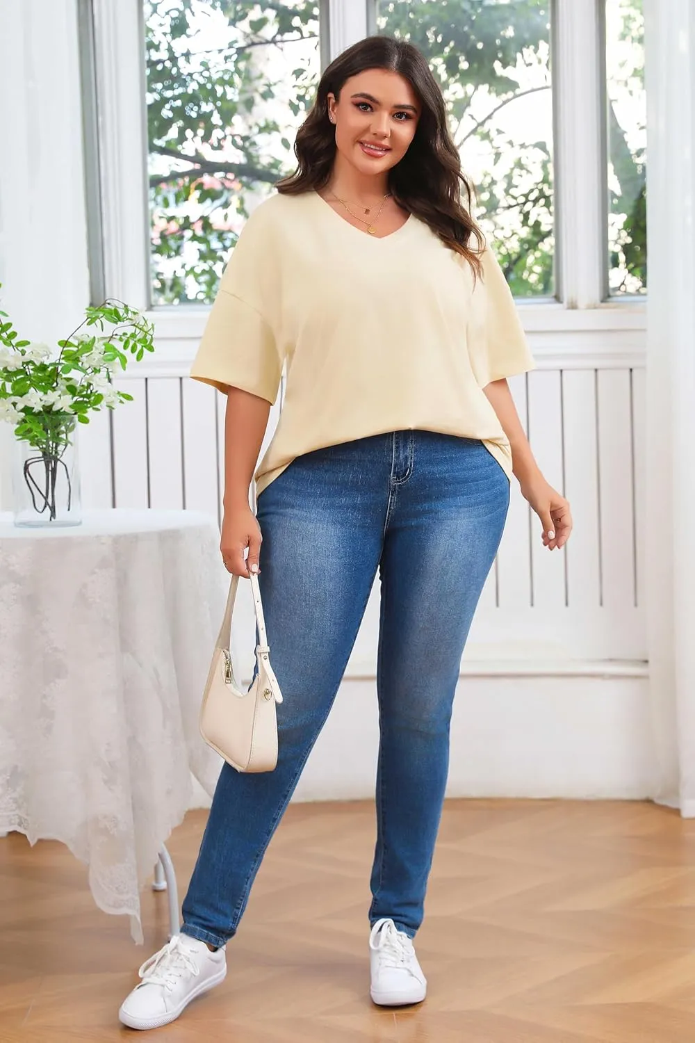 Women's Plus Size V Neck T Shirts Summer Half Sleeve Tees Casual Loose Fit Cotton Tunic Tops