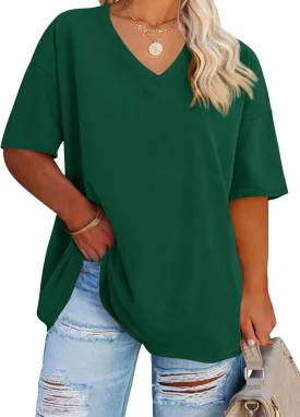 Women's Plus Size V Neck T Shirts Summer Half Sleeve Tees Casual Loose Fit Cotton Tunic Tops
