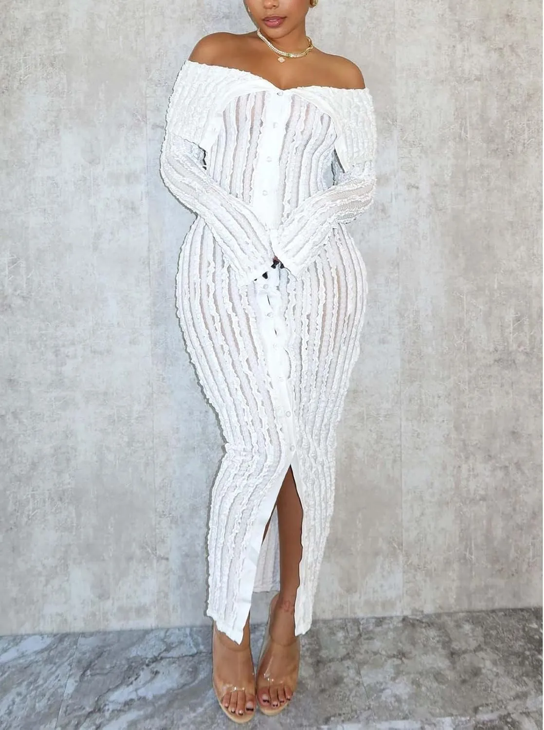 Womens Sexy Off Shoulder Maxi Dress Pleated See Through Flare Sleeve Button Down Slit Bodycon Long Dresses