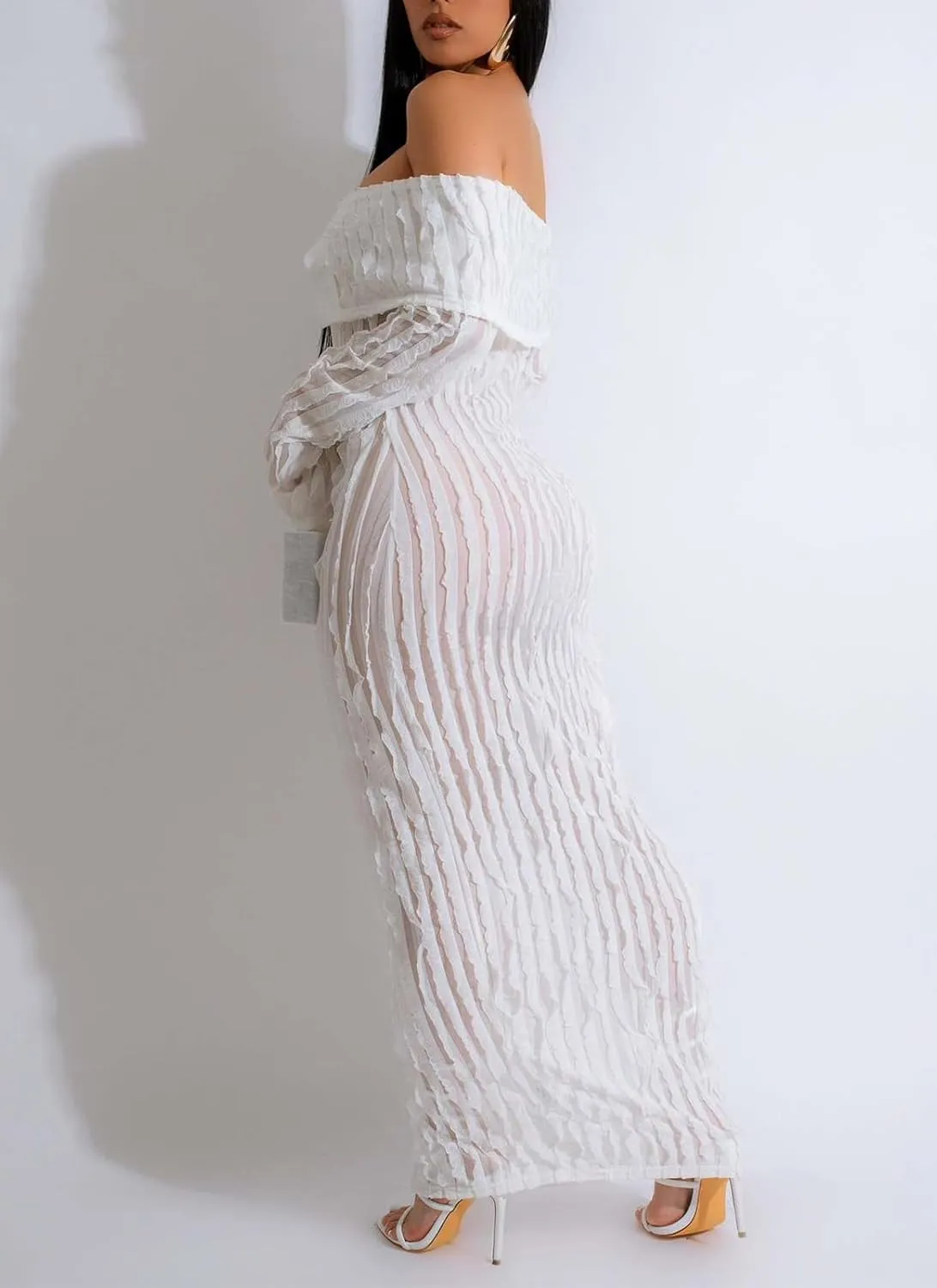 Womens Sexy Off Shoulder Maxi Dress Pleated See Through Flare Sleeve Button Down Slit Bodycon Long Dresses