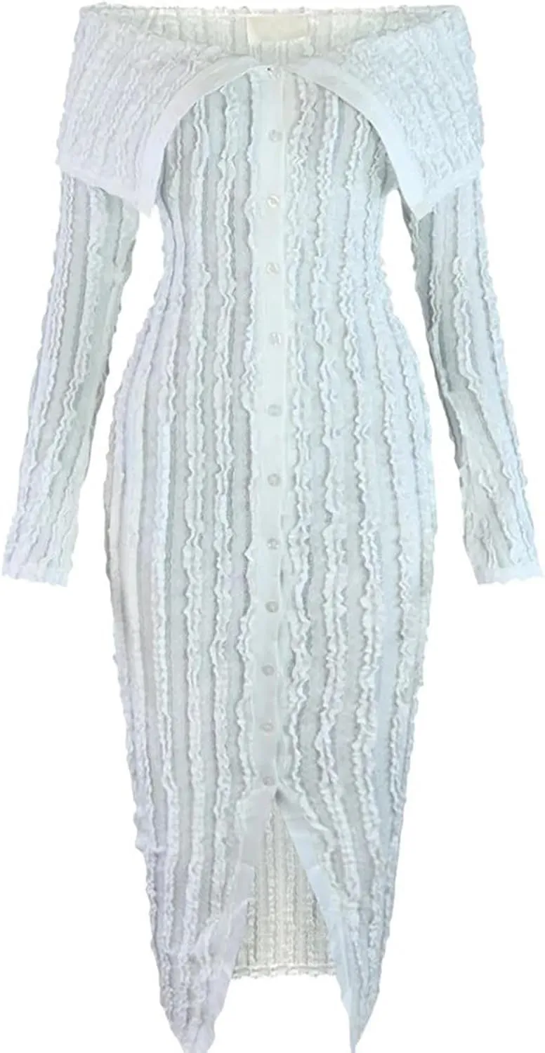 Womens Sexy Off Shoulder Maxi Dress Pleated See Through Flare Sleeve Button Down Slit Bodycon Long Dresses