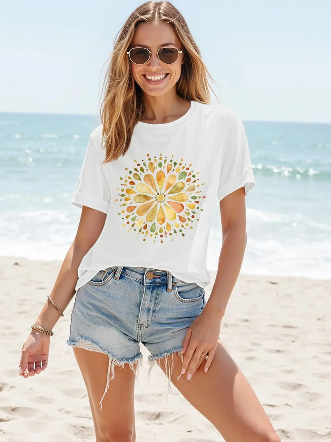 Women's Short Sleeve T Shirts Graphic Tees Crewneck Casual Loose 2025 Summer Boho Tops