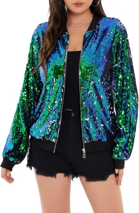 WULFUL Women's Sequin Jackets Sparkly Glitter Long Sleeve Front Zip Bomber Blazers Party Costume