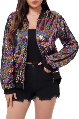 WULFUL Women's Sequin Jackets Sparkly Glitter Long Sleeve Front Zip Bomber Blazers Party Costume