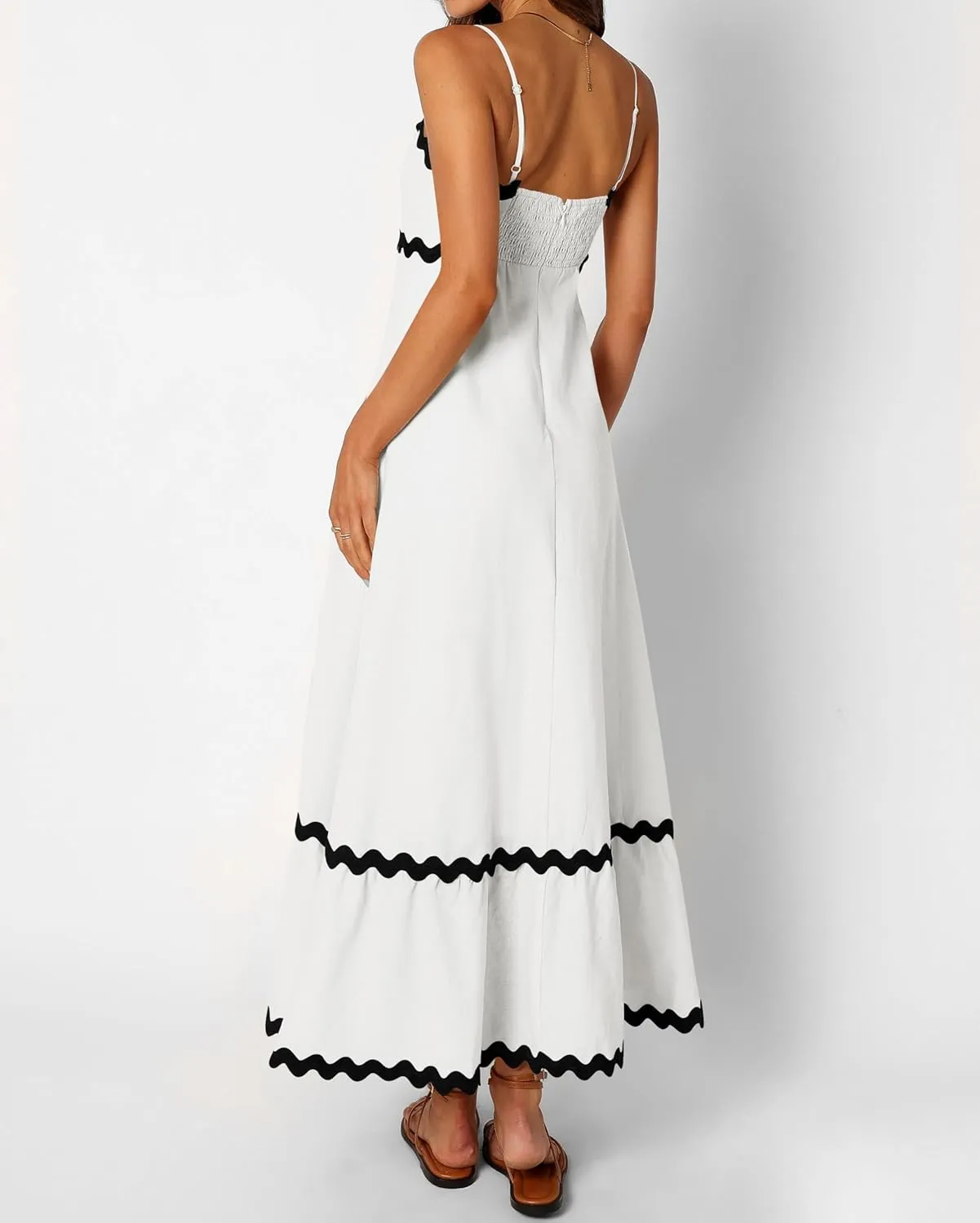 XIONGMEI Women Summer Dresses Spaghetti Straps Sleeveless Square Neck Smocked Rickrack Trim Boho Maxi Beach Dress 2025
