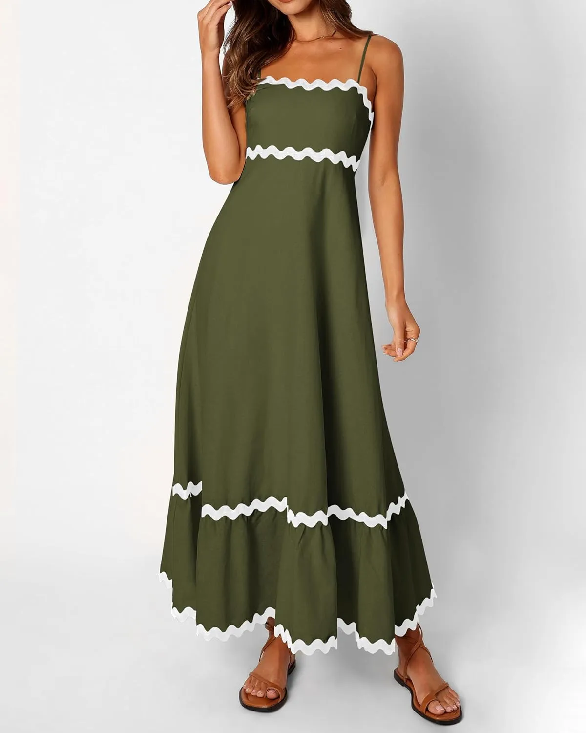 XIONGMEI Women Summer Dresses Spaghetti Straps Sleeveless Square Neck Smocked Rickrack Trim Boho Maxi Beach Dress 2025