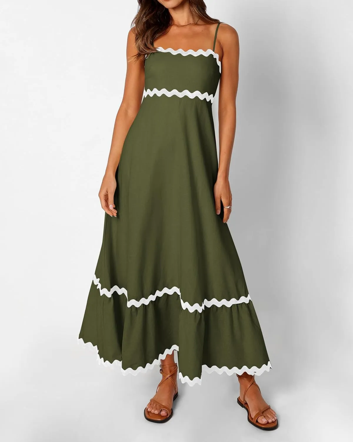 XIONGMEI Women Summer Dresses Spaghetti Straps Sleeveless Square Neck Smocked Rickrack Trim Boho Maxi Beach Dress 2025