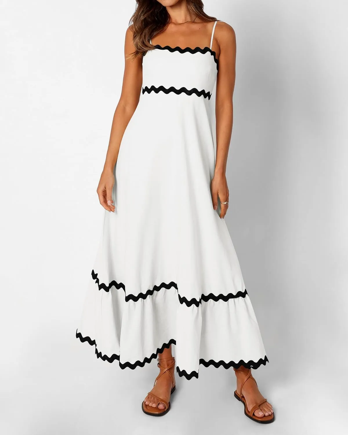 XIONGMEI Women Summer Dresses Spaghetti Straps Sleeveless Square Neck Smocked Rickrack Trim Boho Maxi Beach Dress 2025