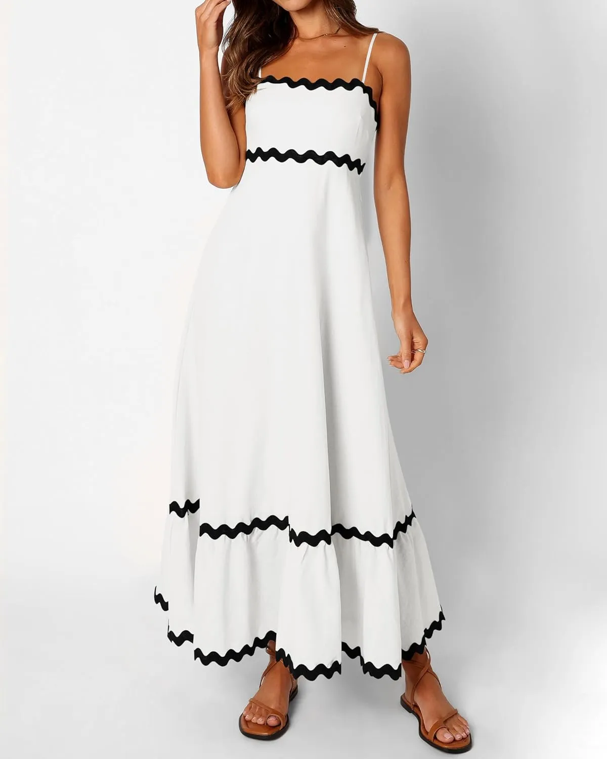 XIONGMEI Women Summer Dresses Spaghetti Straps Sleeveless Square Neck Smocked Rickrack Trim Boho Maxi Beach Dress 2025