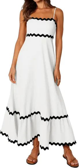 XIONGMEI Women Summer Dresses Spaghetti Straps Sleeveless Square Neck Smocked Rickrack Trim Boho Maxi Beach Dress 2025
