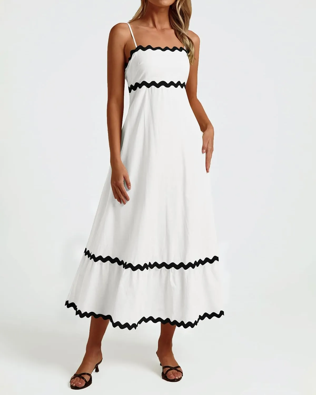 XIONGMEI Women Summer Dresses Spaghetti Straps Sleeveless Square Neck Smocked Rickrack Trim Boho Maxi Beach Dress 2025