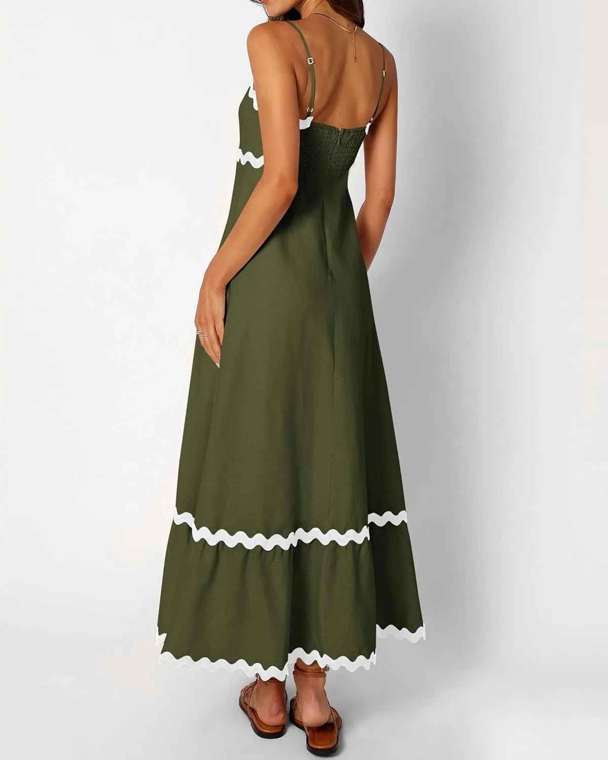 XIONGMEI Women Summer Dresses Spaghetti Straps Sleeveless Square Neck Smocked Rickrack Trim Boho Maxi Beach Dress 2025