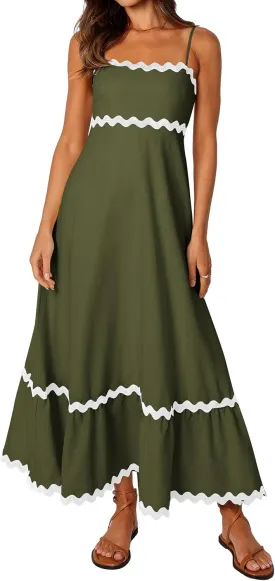 XIONGMEI Women Summer Dresses Spaghetti Straps Sleeveless Square Neck Smocked Rickrack Trim Boho Maxi Beach Dress 2025