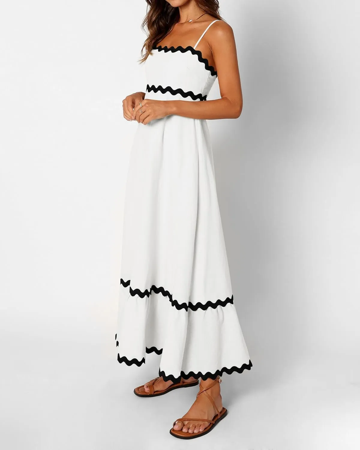 XIONGMEI Women Summer Dresses Spaghetti Straps Sleeveless Square Neck Smocked Rickrack Trim Boho Maxi Beach Dress 2025