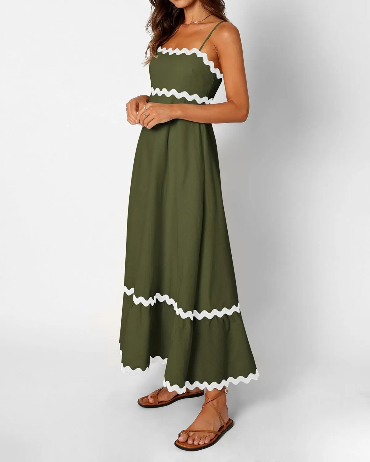 XIONGMEI Women Summer Dresses Spaghetti Straps Sleeveless Square Neck Smocked Rickrack Trim Boho Maxi Beach Dress 2025