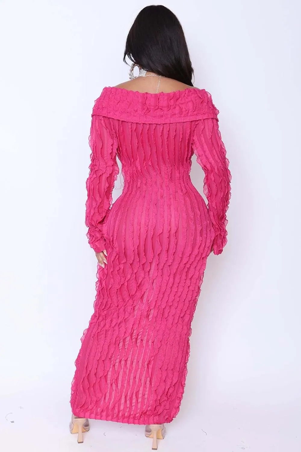 Yuopeid Women's Elegant Long Sleeve Off Shoulder Mesh Wavy Ruffle Front Slit Bodycon Maxi Beach Party Cover Up Dress