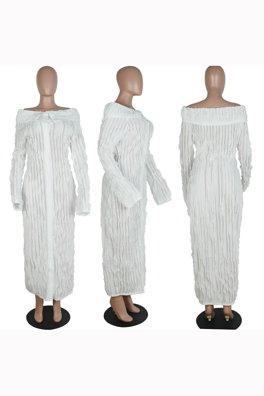 Yuopeid Women's Elegant Long Sleeve Off Shoulder Mesh Wavy Ruffle Front Slit Bodycon Maxi Beach Party Cover Up Dress