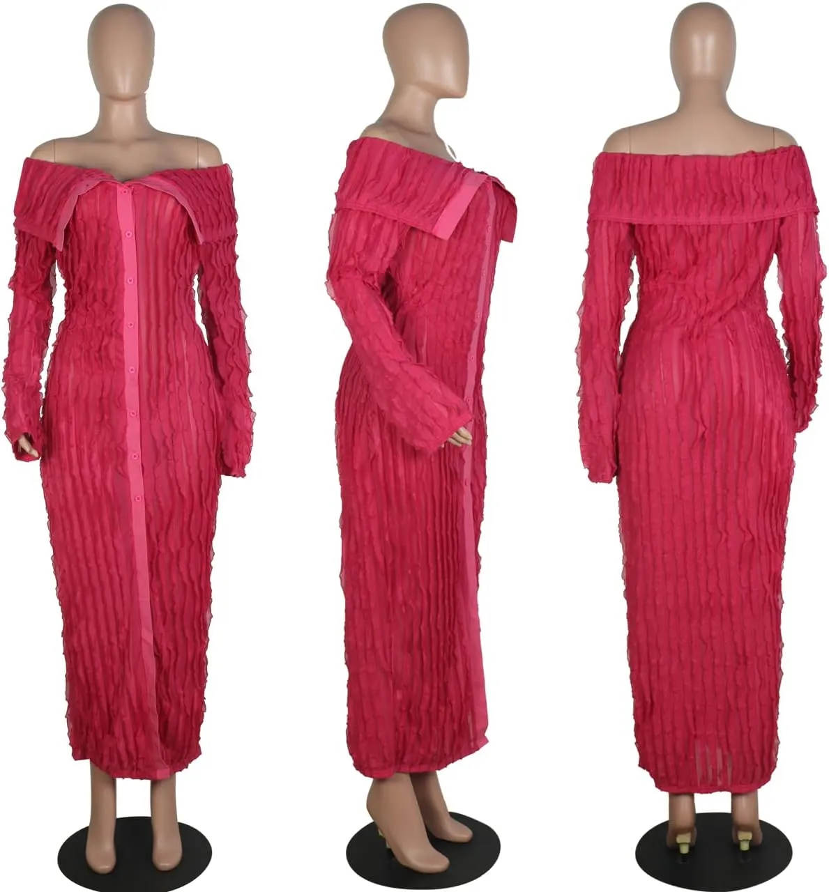Yuopeid Women's Elegant Long Sleeve Off Shoulder Mesh Wavy Ruffle Front Slit Bodycon Maxi Beach Party Cover Up Dress