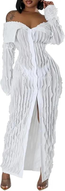 Yuopeid Women's Elegant Long Sleeve Off Shoulder Mesh Wavy Ruffle Front Slit Bodycon Maxi Beach Party Cover Up Dress