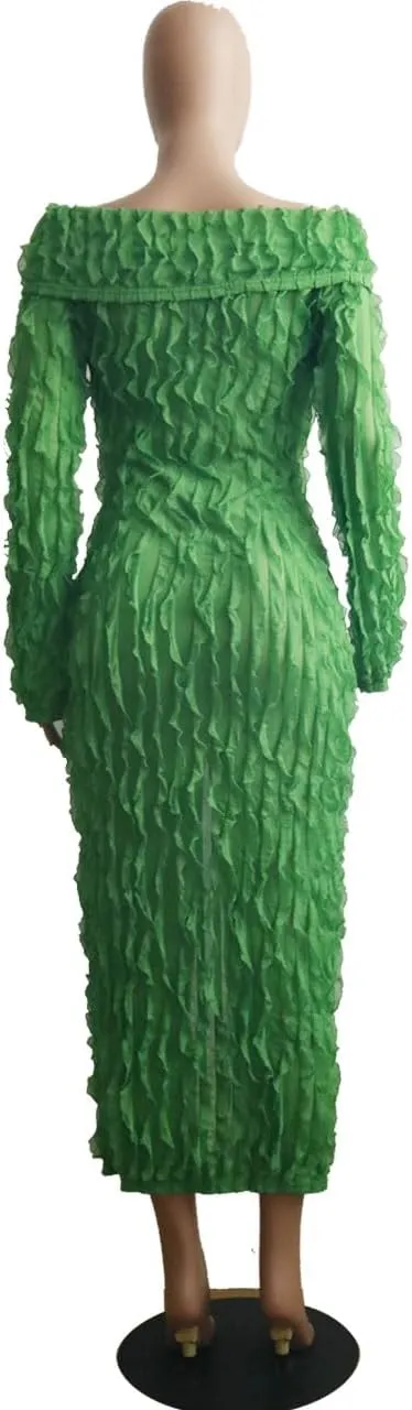Yuopeid Women's Elegant Long Sleeve Off Shoulder Mesh Wavy Ruffle Front Slit Bodycon Maxi Beach Party Cover Up Dress