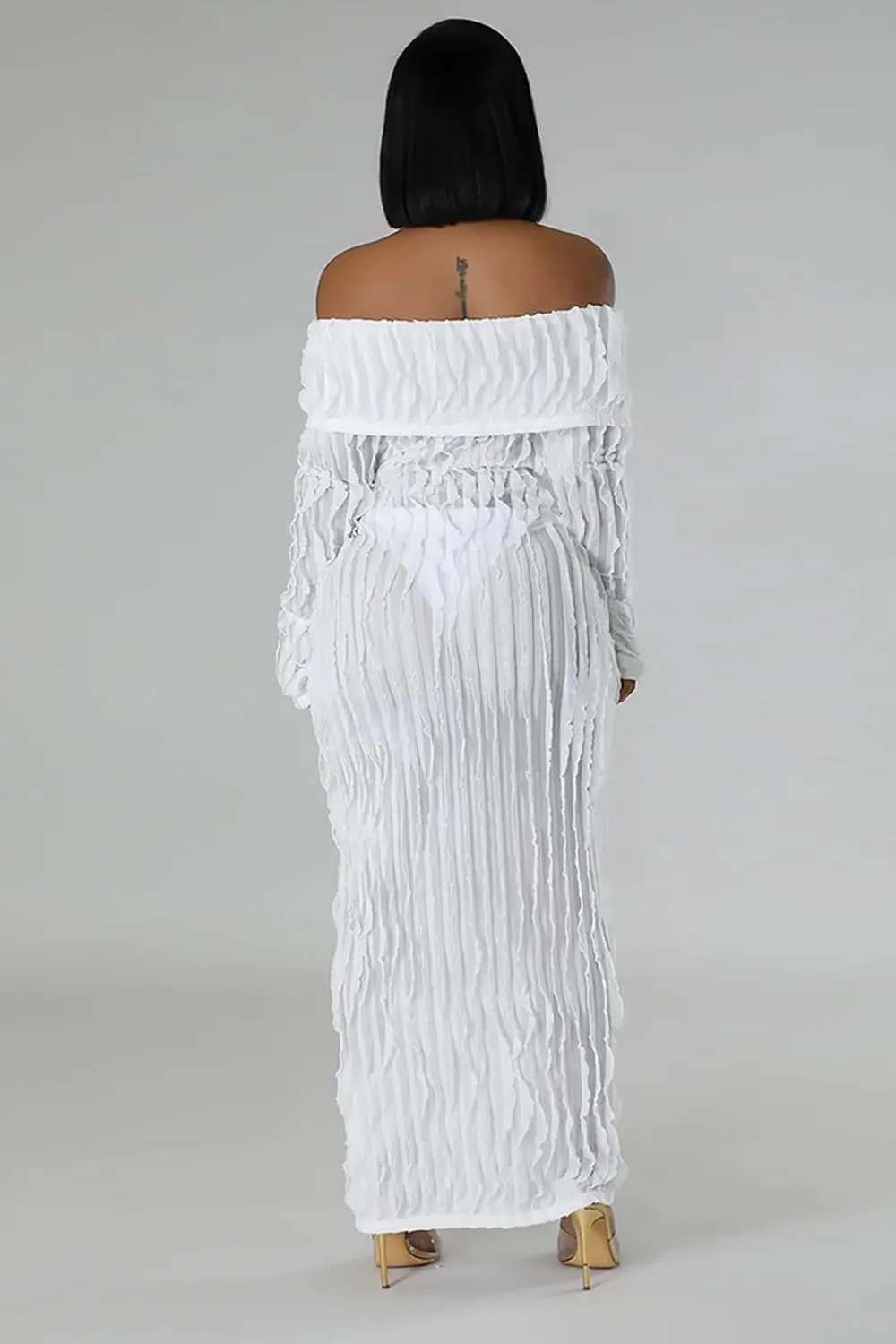 Yuopeid Women's Elegant Long Sleeve Off Shoulder Mesh Wavy Ruffle Front Slit Bodycon Maxi Beach Party Cover Up Dress