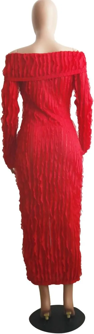 Yuopeid Women's Elegant Long Sleeve Off Shoulder Mesh Wavy Ruffle Front Slit Bodycon Maxi Beach Party Cover Up Dress
