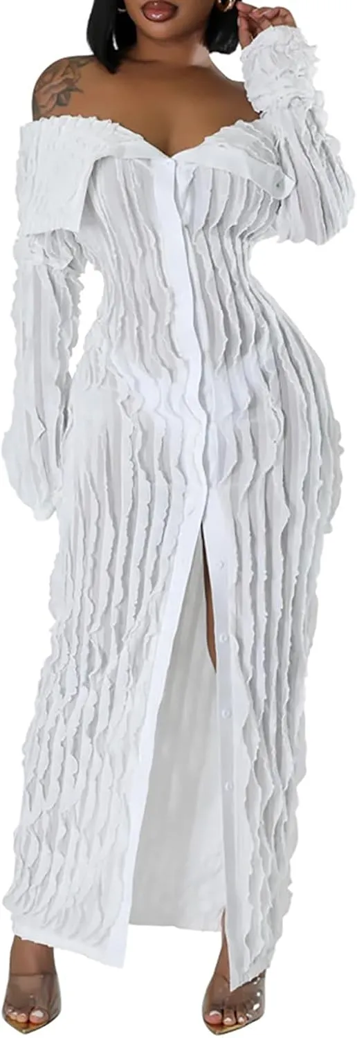 Yuopeid Women's Elegant Long Sleeve Off Shoulder Mesh Wavy Ruffle Front Slit Bodycon Maxi Beach Party Cover Up Dress