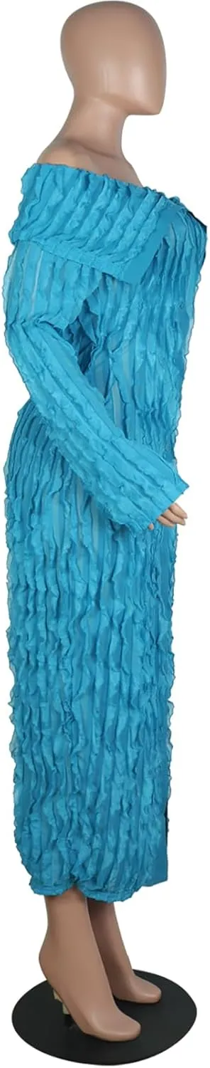 Yuopeid Women's Elegant Long Sleeve Off Shoulder Mesh Wavy Ruffle Front Slit Bodycon Maxi Beach Party Cover Up Dress