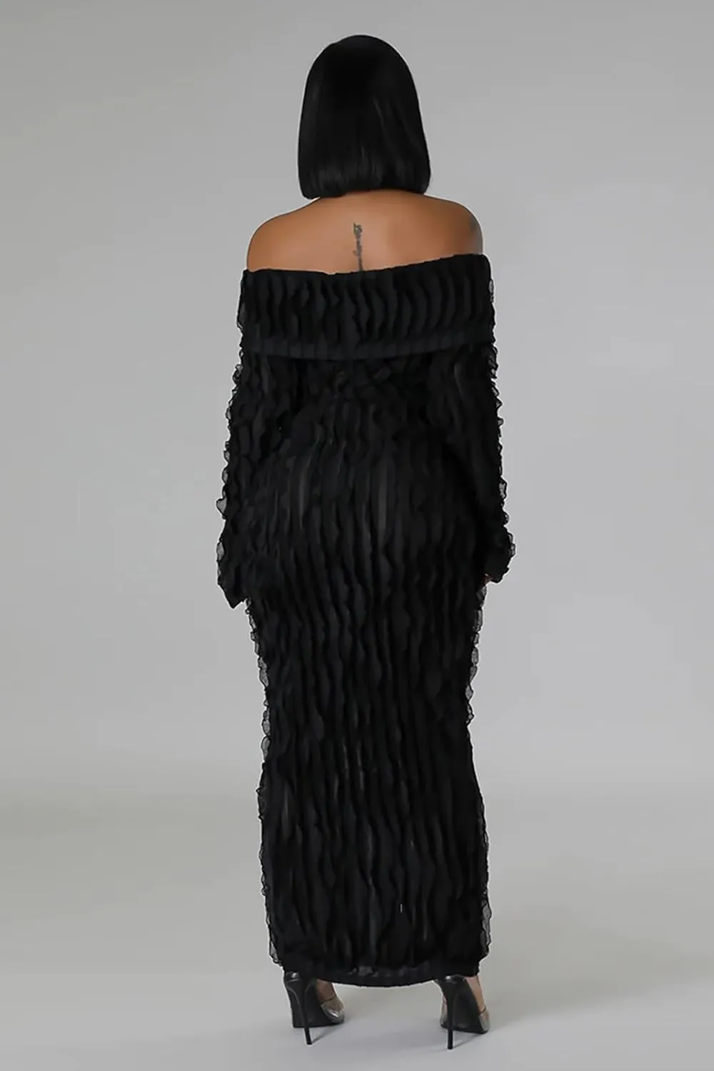 Yuopeid Women's Elegant Long Sleeve Off Shoulder Mesh Wavy Ruffle Front Slit Bodycon Maxi Beach Party Cover Up Dress