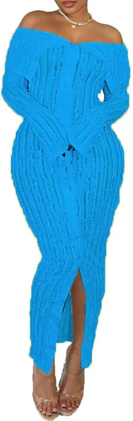 Yuopeid Women's Elegant Long Sleeve Off Shoulder Mesh Wavy Ruffle Front Slit Bodycon Maxi Beach Party Cover Up Dress