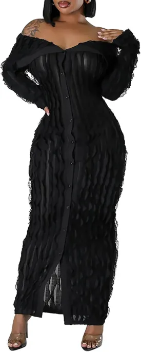 Yuopeid Women's Elegant Long Sleeve Off Shoulder Mesh Wavy Ruffle Front Slit Bodycon Maxi Beach Party Cover Up Dress
