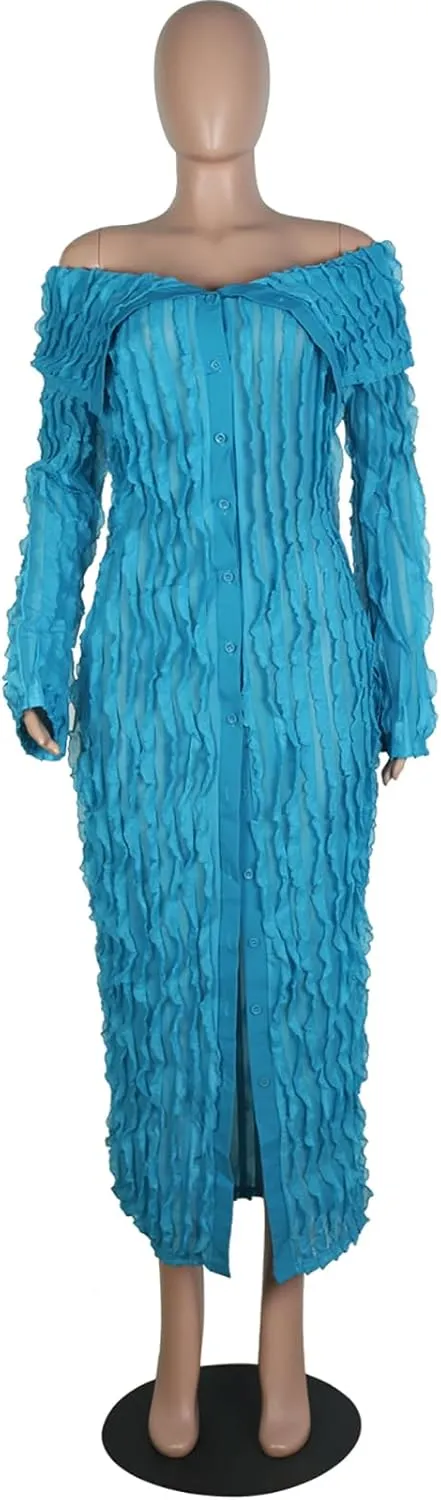 Yuopeid Women's Elegant Long Sleeve Off Shoulder Mesh Wavy Ruffle Front Slit Bodycon Maxi Beach Party Cover Up Dress