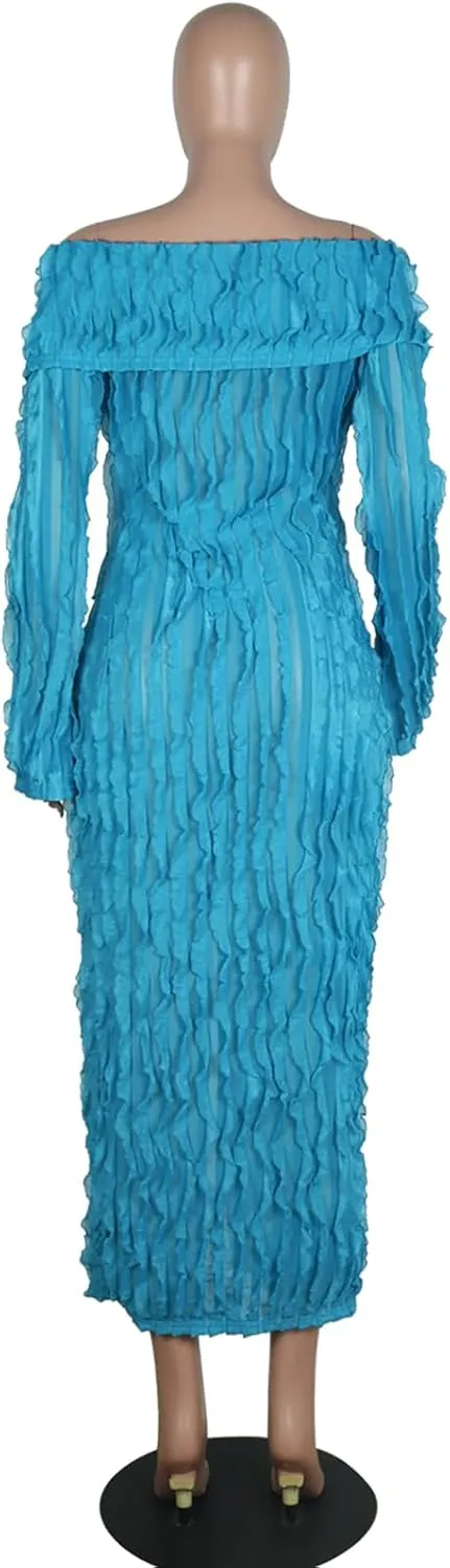 Yuopeid Women's Elegant Long Sleeve Off Shoulder Mesh Wavy Ruffle Front Slit Bodycon Maxi Beach Party Cover Up Dress