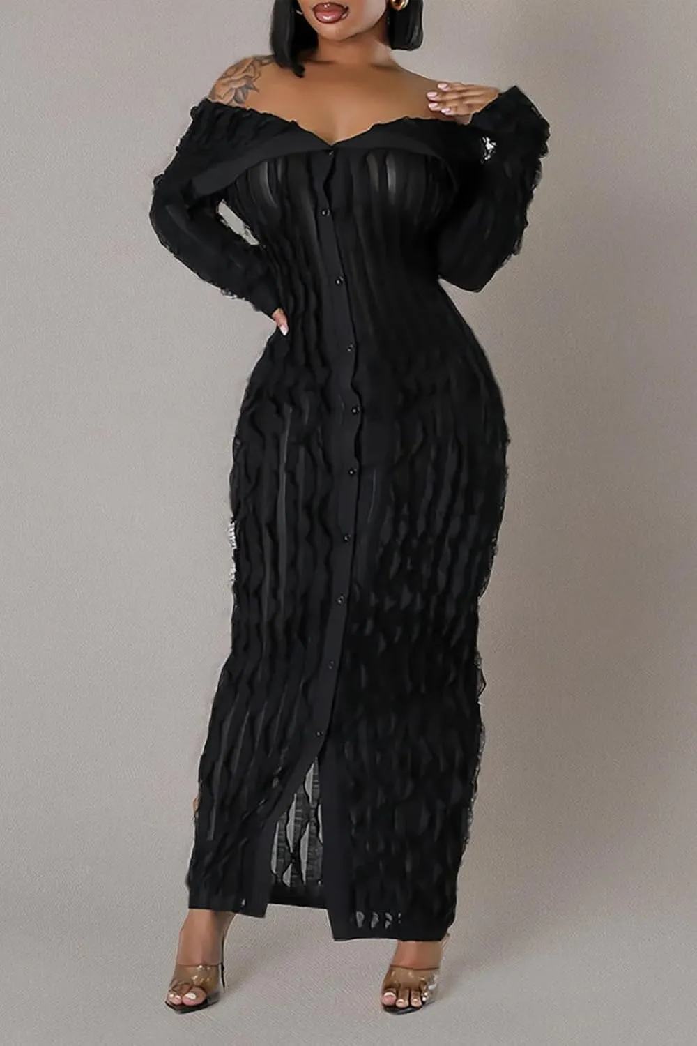 Yuopeid Women's Elegant Long Sleeve Off Shoulder Mesh Wavy Ruffle Front Slit Bodycon Maxi Beach Party Cover Up Dress