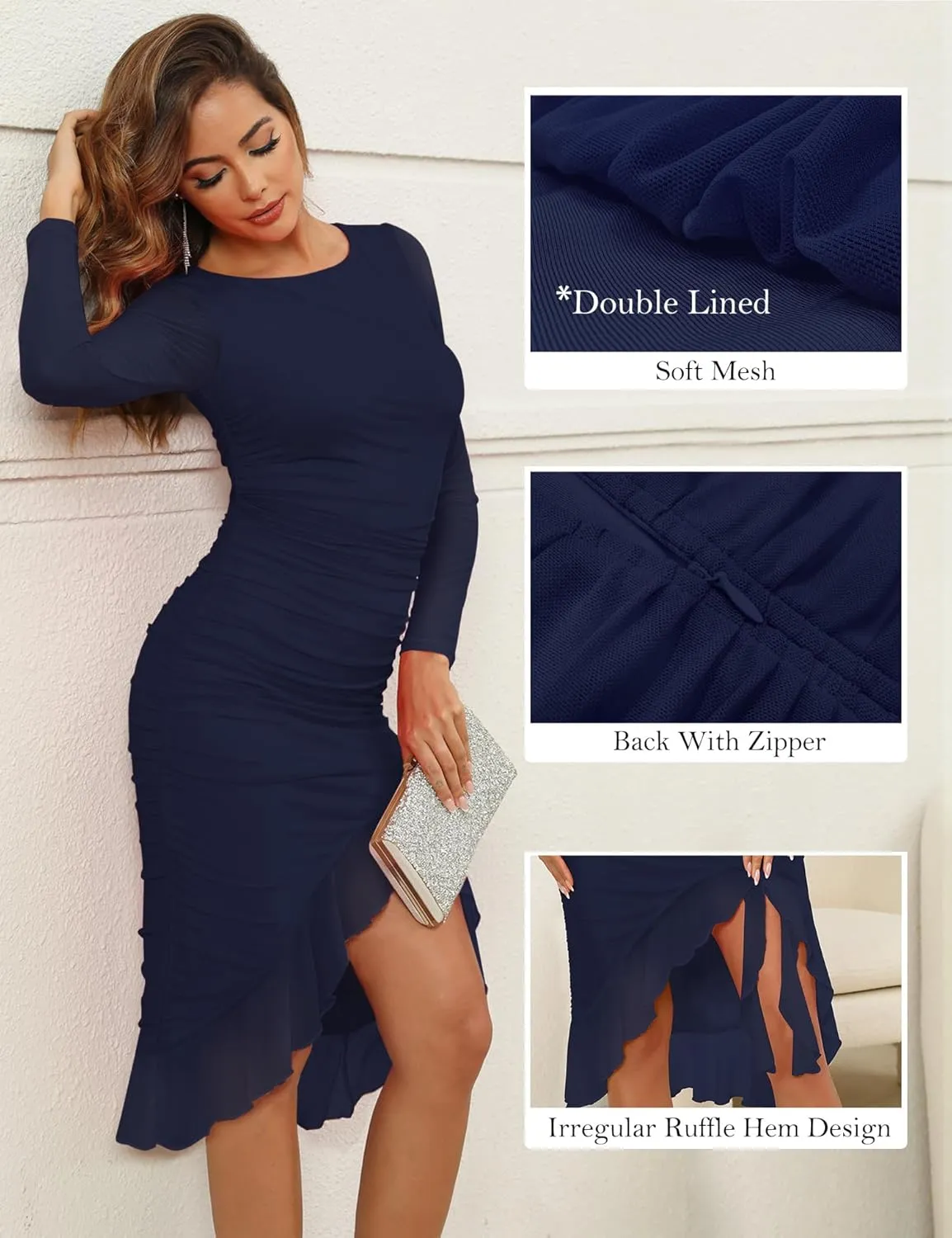 Zattcas Women's 2025 Spring Summer Sexy Ruched Bodycon Midi Dress Mesh Long Sleeve Ruffle Hem Cocktail Wedding Party Dress