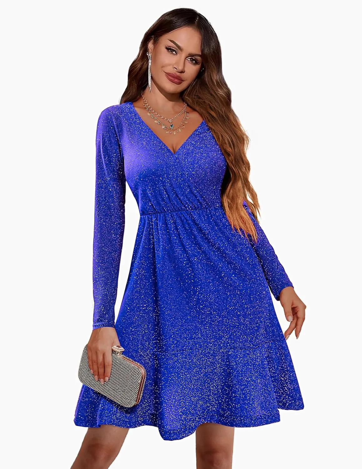 Zeagoo Womens Glitter Dress Wrap V Neck Long Sleeve Swing Club Cocktail Party Dresses Sequin Sparkle Dress Christmas Dress