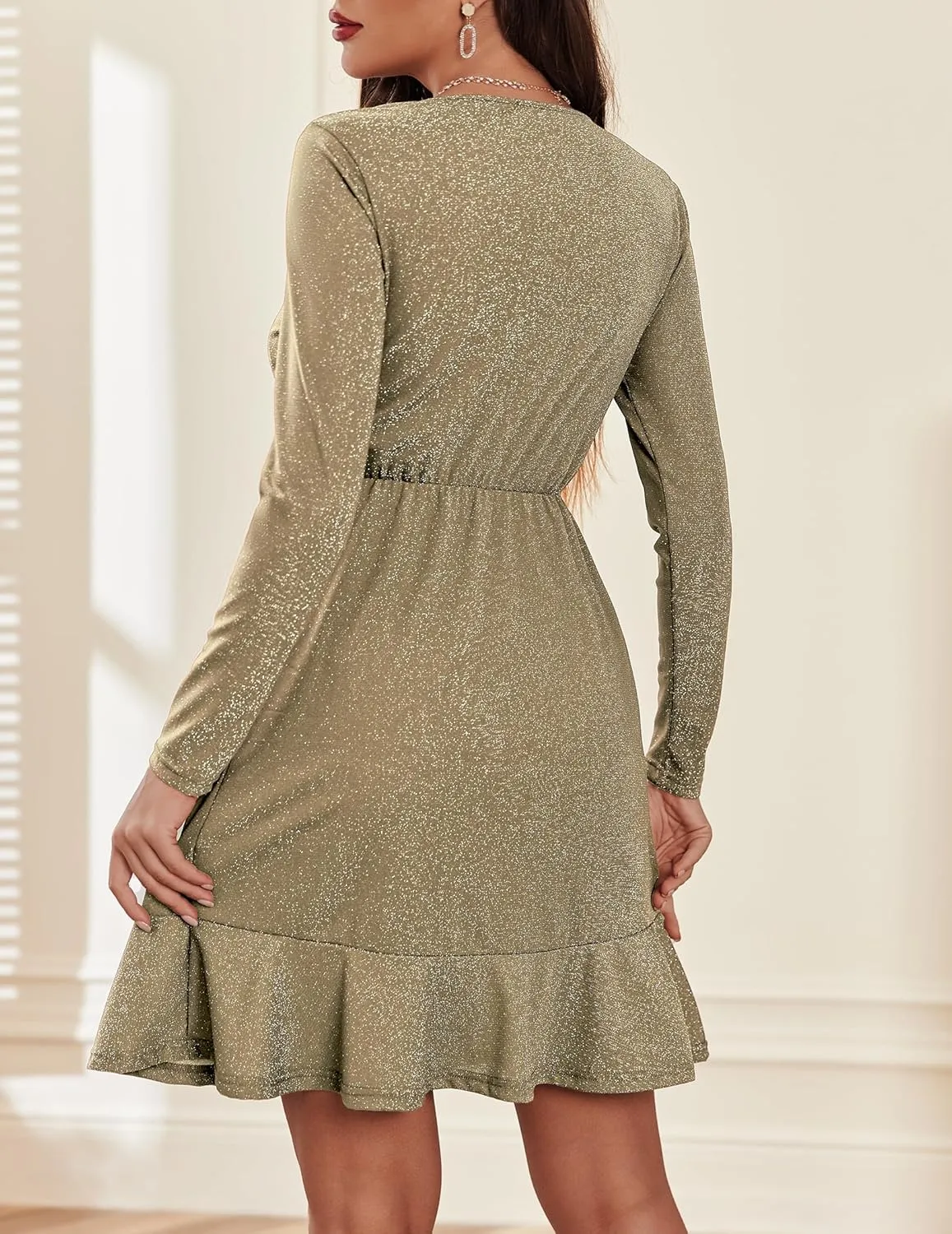 Zeagoo Womens Glitter Dress Wrap V Neck Long Sleeve Swing Club Cocktail Party Dresses Sequin Sparkle Dress Christmas Dress