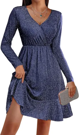 Zeagoo Womens Glitter Dress Wrap V Neck Long Sleeve Swing Club Cocktail Party Dresses Sequin Sparkle Dress Christmas Dress