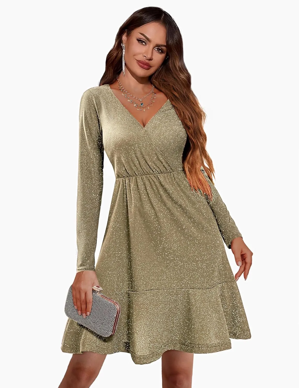 Zeagoo Womens Glitter Dress Wrap V Neck Long Sleeve Swing Club Cocktail Party Dresses Sequin Sparkle Dress Christmas Dress
