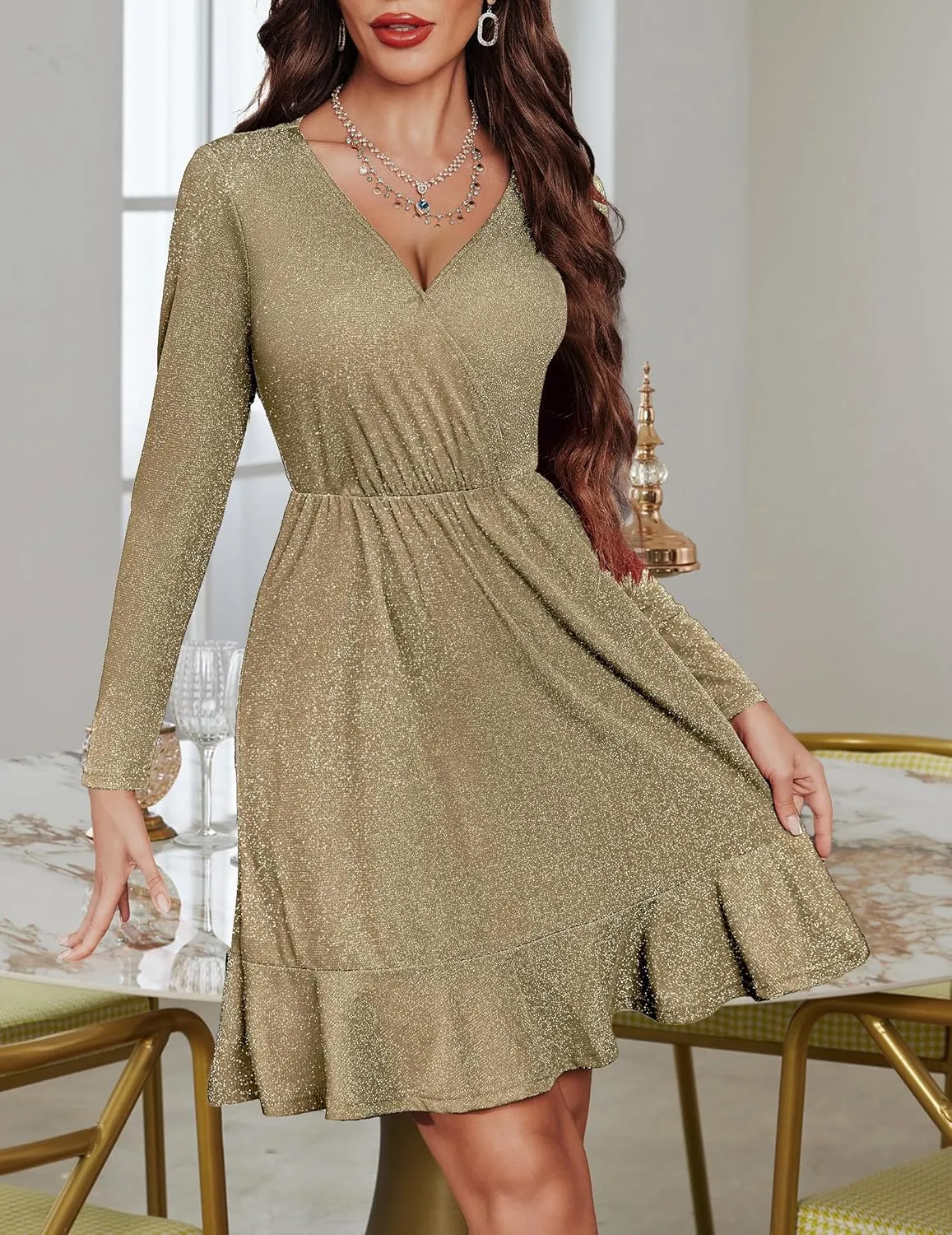 Zeagoo Womens Glitter Dress Wrap V Neck Long Sleeve Swing Club Cocktail Party Dresses Sequin Sparkle Dress Christmas Dress