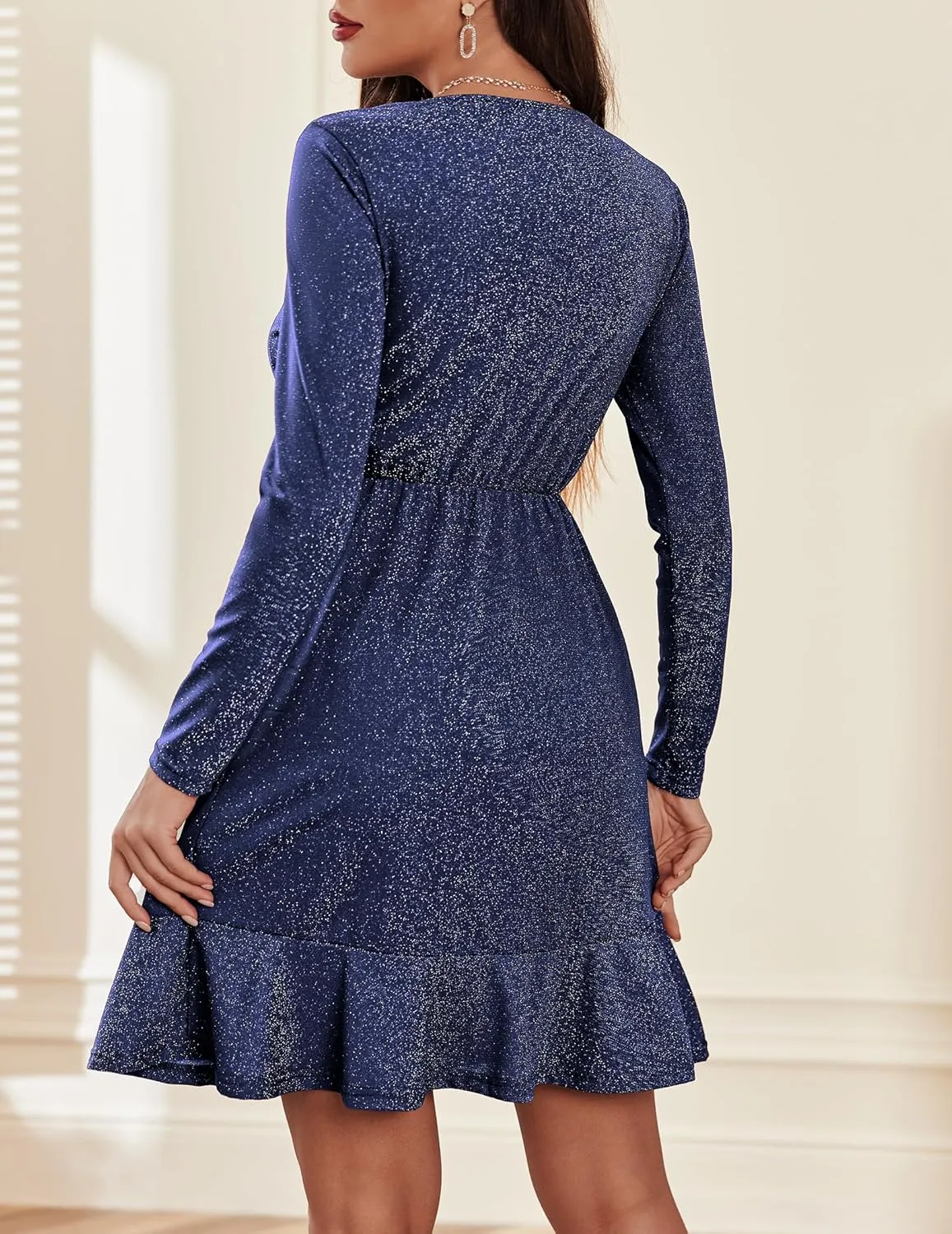 Zeagoo Womens Glitter Dress Wrap V Neck Long Sleeve Swing Club Cocktail Party Dresses Sequin Sparkle Dress Christmas Dress