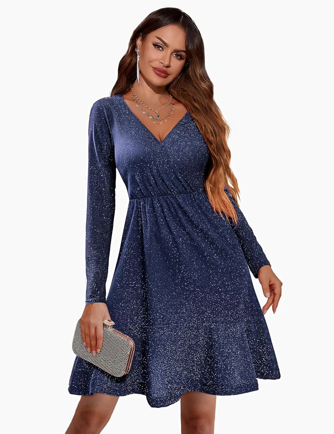 Zeagoo Womens Glitter Dress Wrap V Neck Long Sleeve Swing Club Cocktail Party Dresses Sequin Sparkle Dress Christmas Dress
