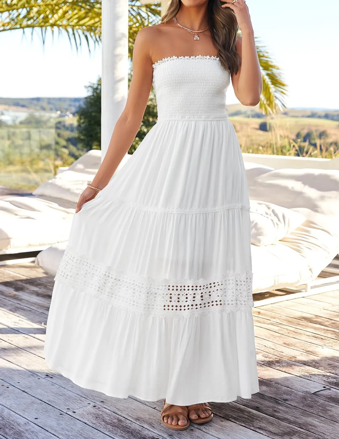 ZESICA Women's 2025 Summer Bohemian Strapless Off Shoulder Lace Trim Backless Flowy A Line Beach Long Maxi Dress