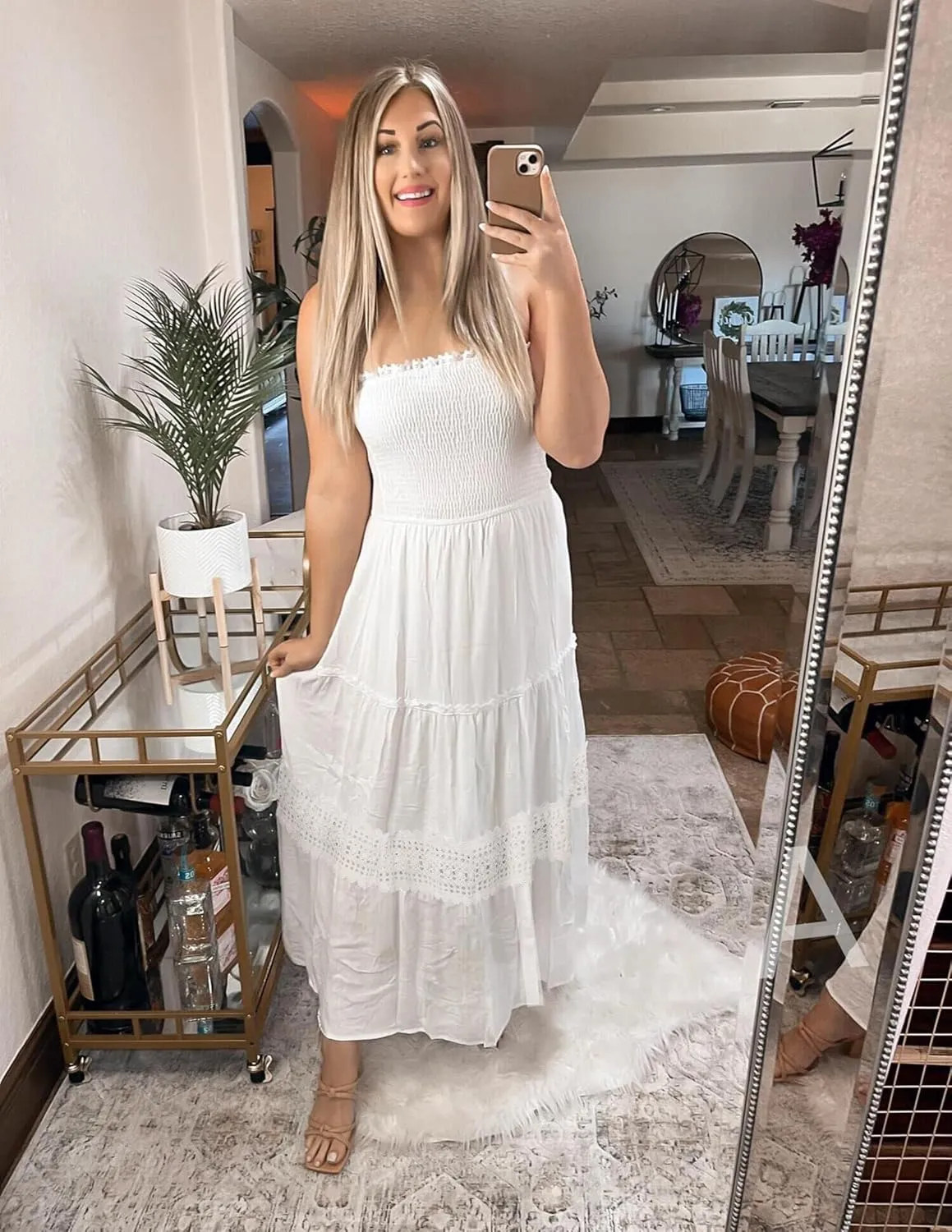 ZESICA Women's 2025 Summer Bohemian Strapless Off Shoulder Lace Trim Backless Flowy A Line Beach Long Maxi Dress