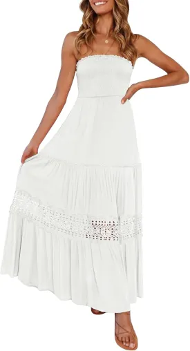 ZESICA Women's 2025 Summer Bohemian Strapless Off Shoulder Lace Trim Backless Flowy A Line Beach Long Maxi Dress